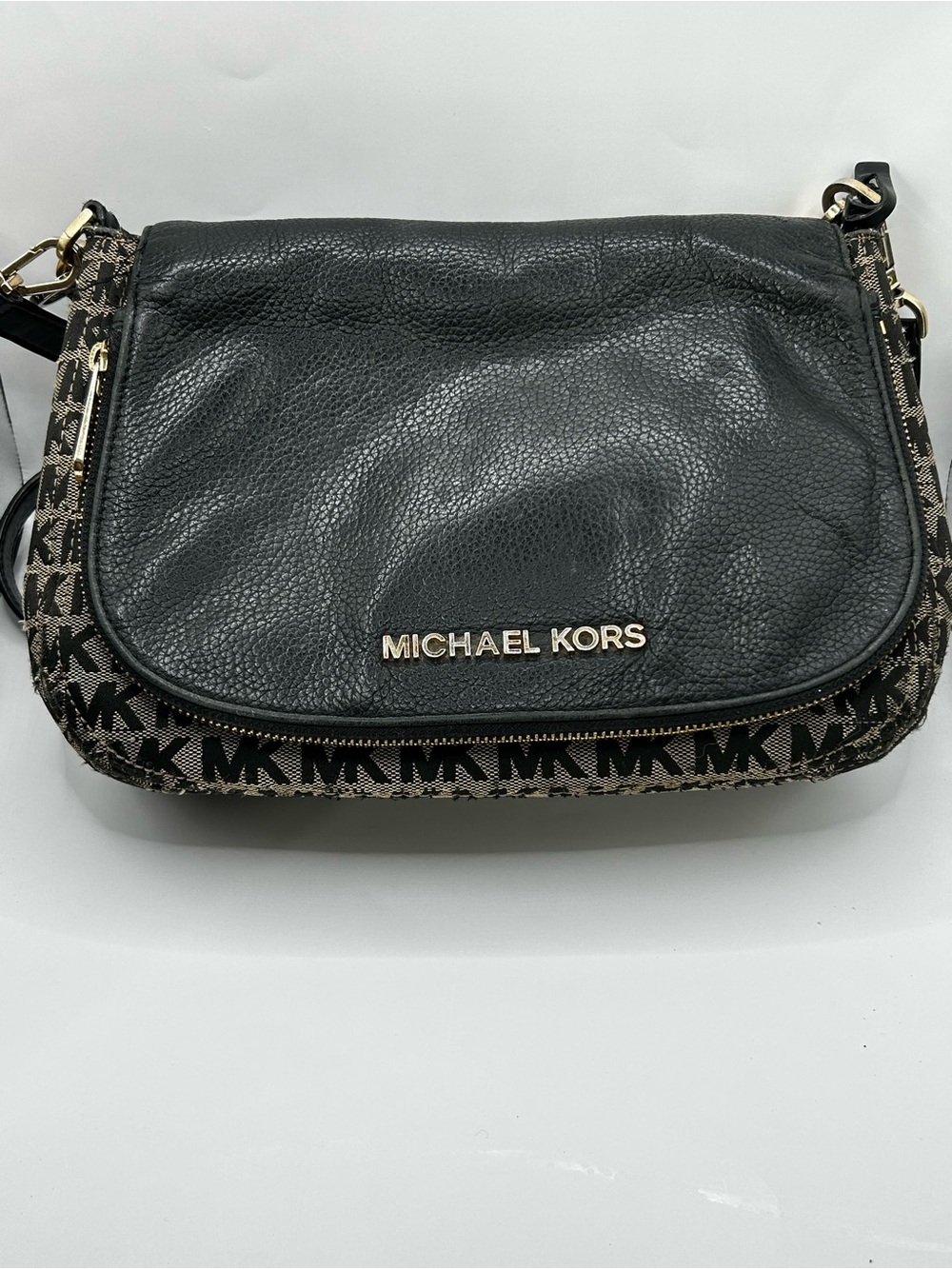 Michael Kors Black Leather & Brown MK Logo Crossbody